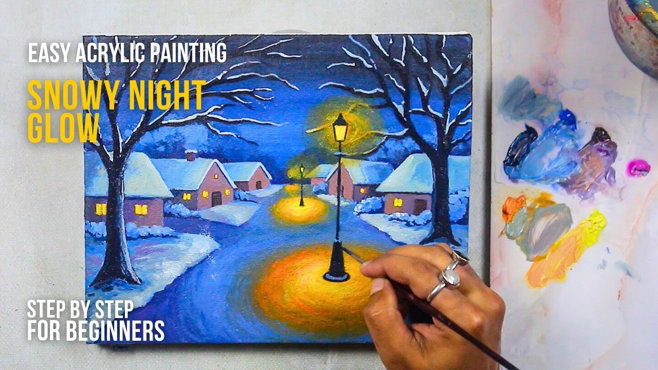 Easy Winter Street Acrylic Painting - Glowing Lamp Post Night Scene for Beginners