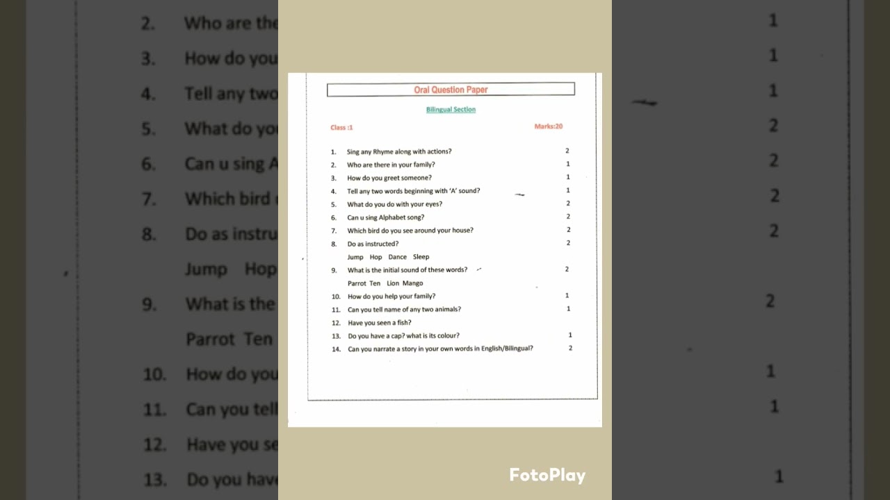 @Bilingual#1st#Standar#English#Oral#Question#paper#