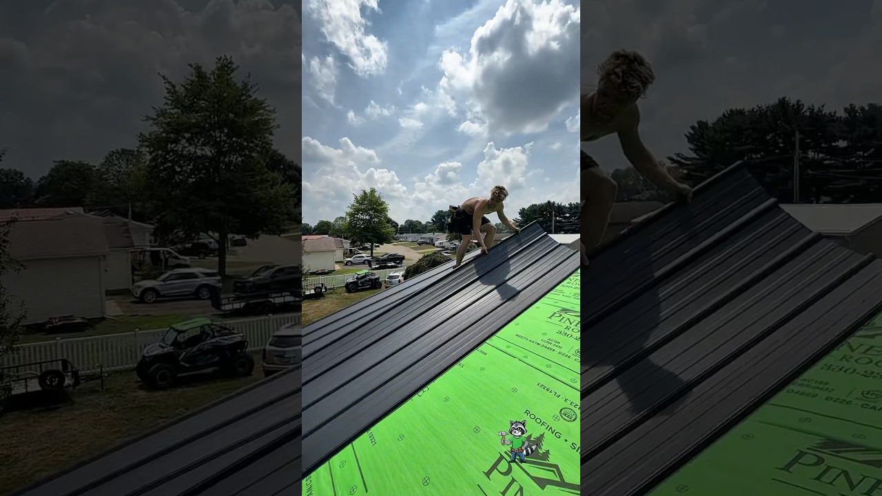 Roofers Replace Old Shingle Roof With Black Textured Premier Rib Metal Roof Panels.