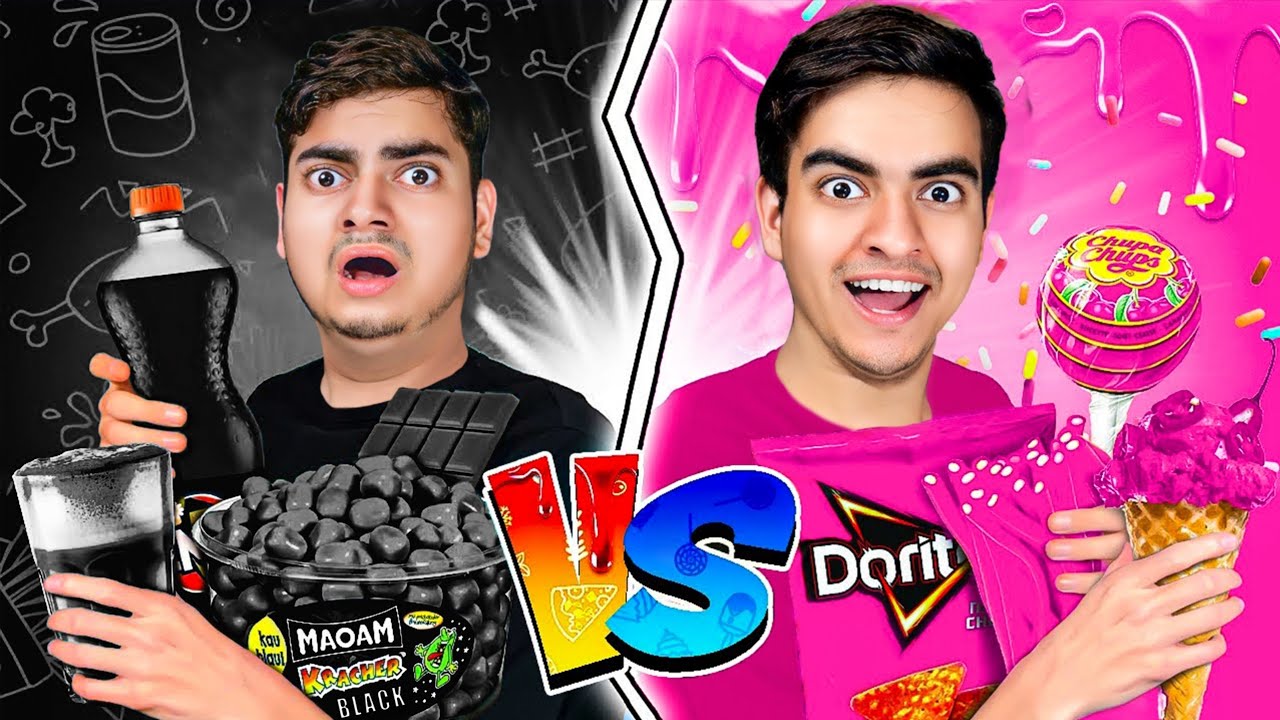 BLACK VS PINK FOOD CHALLENGE | Eating Only ONE Color Food For 24 Hours!