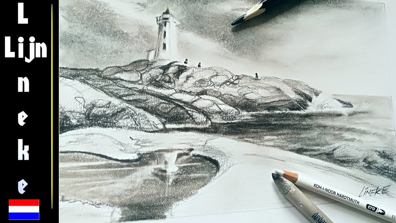 Landschap en Vuurtoren tekenen Houtskool tekening