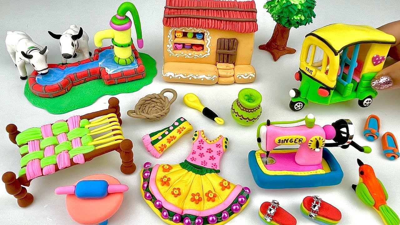 DIY How to make polymer clay miniature house, shoes, sewing machine, kitchen, Hand Pump | Dolliyon