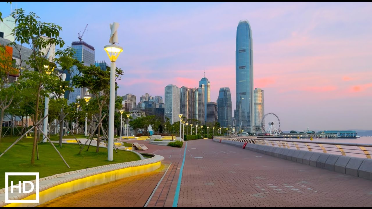 [HD] Early morning walk along the Hong Kong Harbourside Promenade | Ambient Morning Sounds ASMR