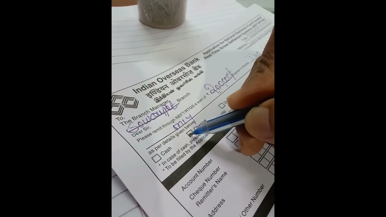 RTGS form filling Indian overseas bank|| how to fill rtgs form||RTGS form filling sample 2024