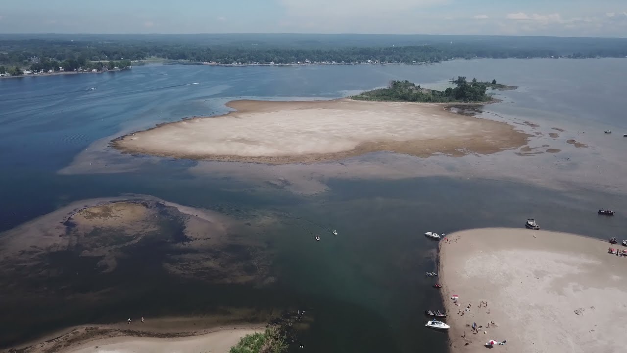 Aerial View of the channel from Sandy Pond to Lake Ontario (record low water level) June 20, 2021.