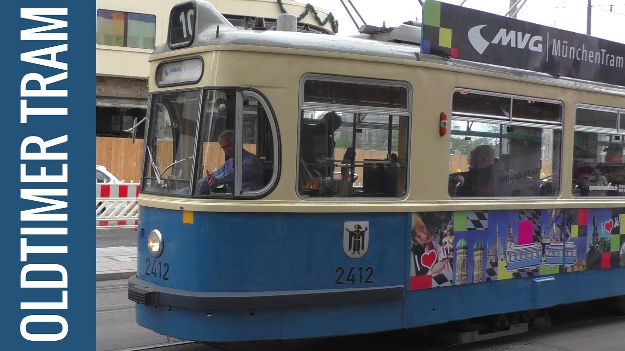 M&Uuml;NCHEN TRAM M-Triebwagen 2412 M-Beiwagen 3407 - MVG Oldtimer Stra&szlig;enbahn 1957
