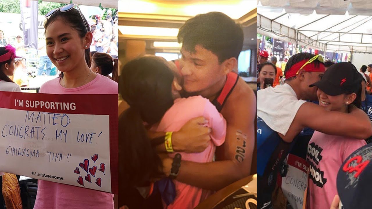Sarah Geronimo hugs Matteo Guidicelli at Ironman 2017 finish line
