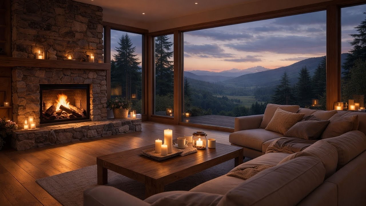 Cozy Fireplace Cabin at Dusk 🔥 | Calm Fire & Candle Ambience for Sleep & Relaxation