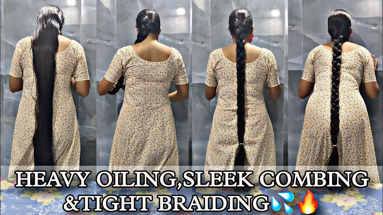 “Tight Bun Unleashed: Oiled Hair, Sleek Braid & Passionate Bun Squeeze Fantasy”