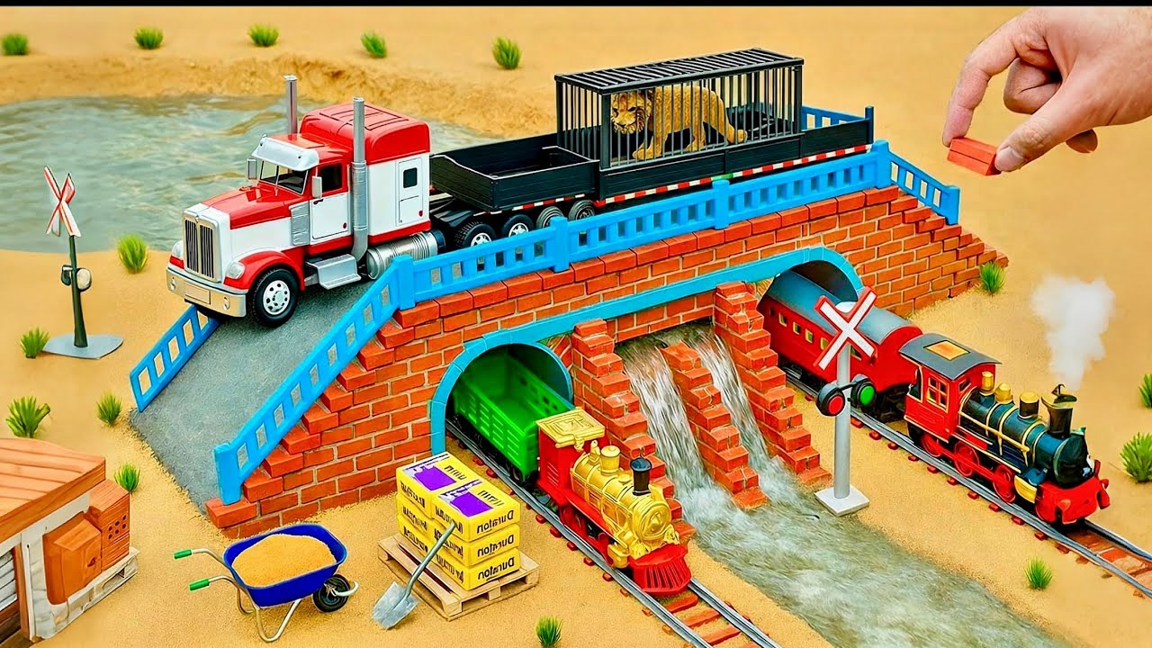 DIY Mini Truck Builds Brick & Metal Railing Bridge | Fun Construction Science Project