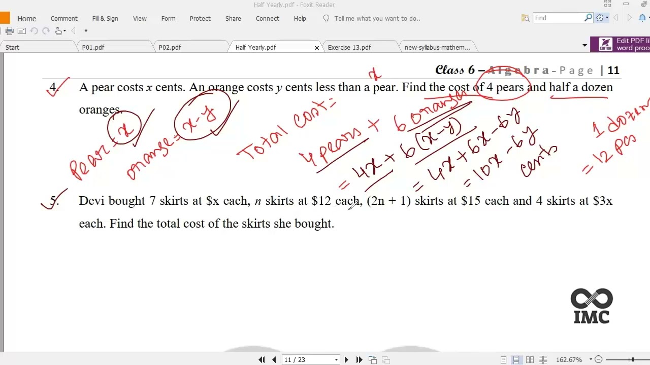 Simple Algebra Problem | Expressing Cost in Terms of x and y #infinitymathcare #manaratschool