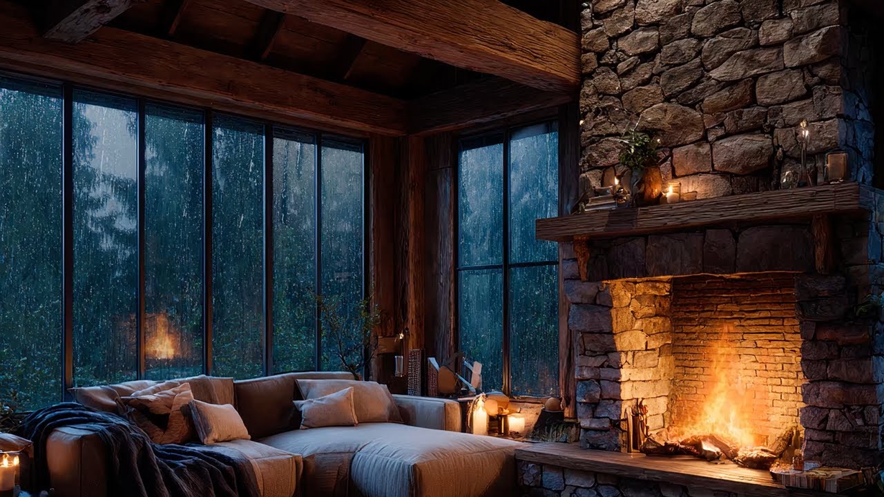 Rainy Night by the Fireplace — Soothing Ambience
