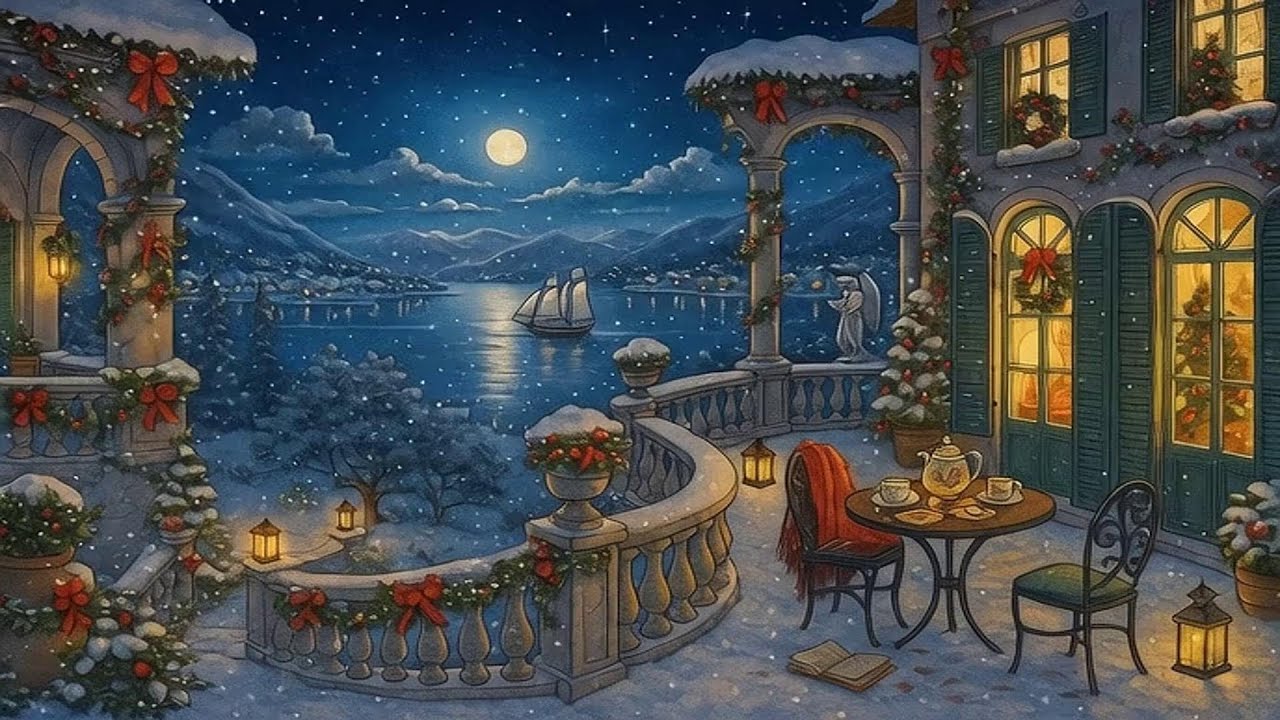 1940’s peaceful seaside at night with classic oldies playing in another room for unwind and sleep