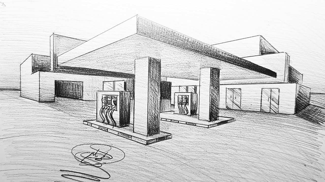 رسم محطة وقود بالمنظور الهندسي من نقطتين هروب خطوة بخطوة