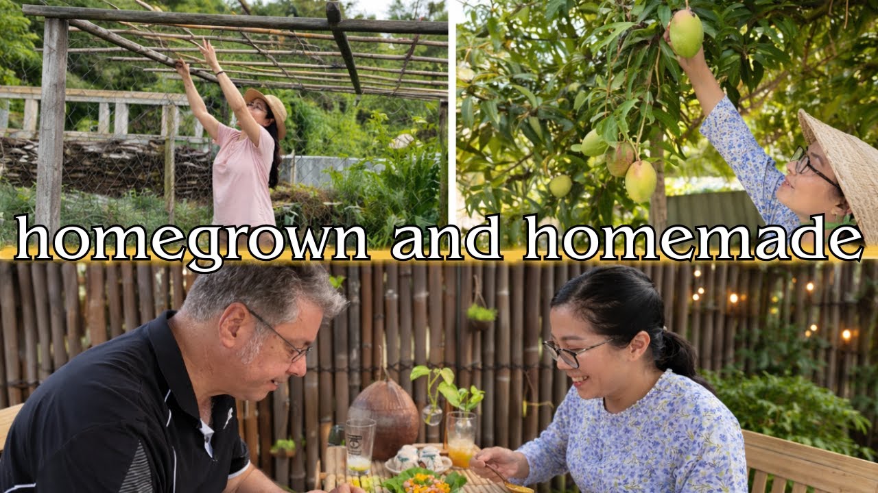A Simple Day In The Garden- Building The Trellis For Our Luffa,  Picking Mango And Cooking Dinner.