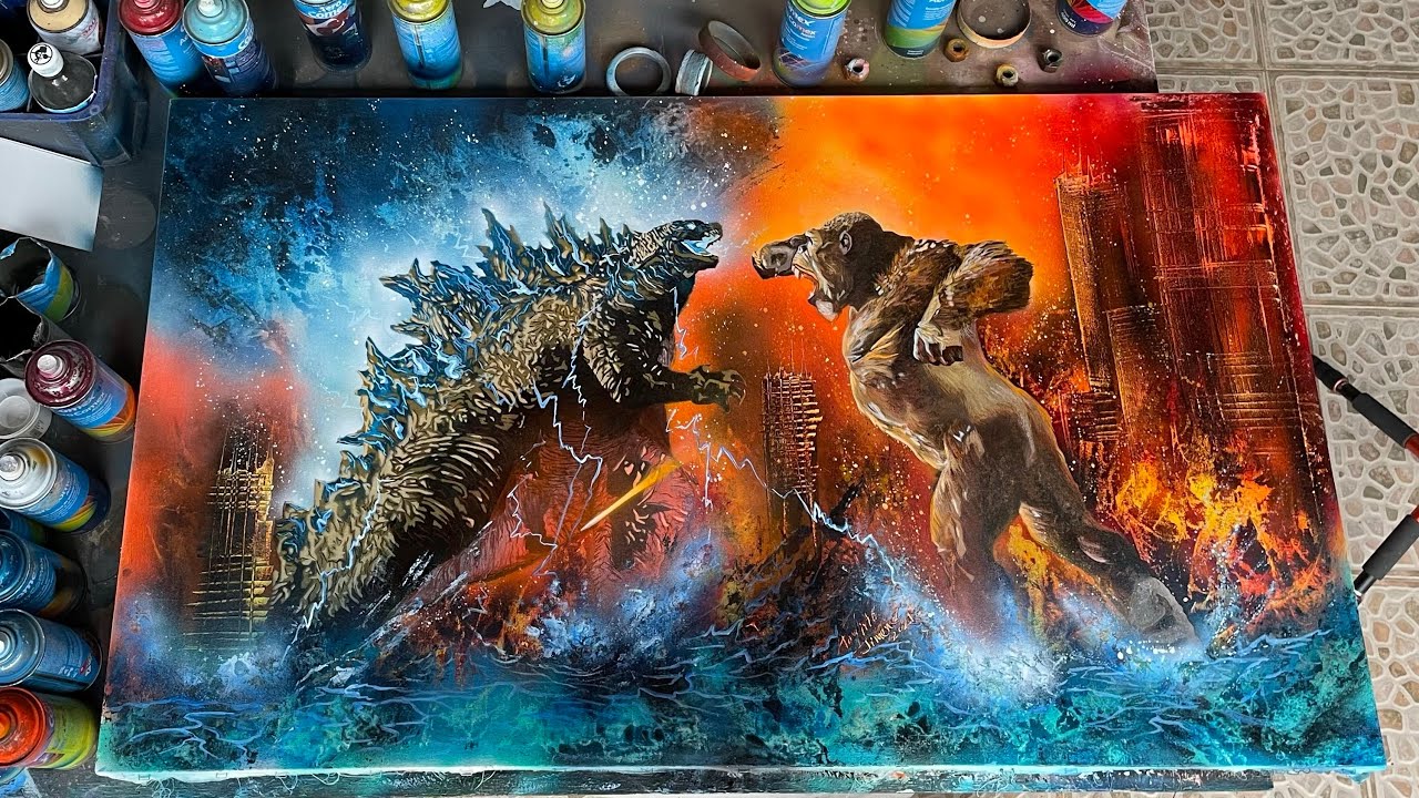 Godzilla vs Kong spray paint art by Porfirio Jimenez
