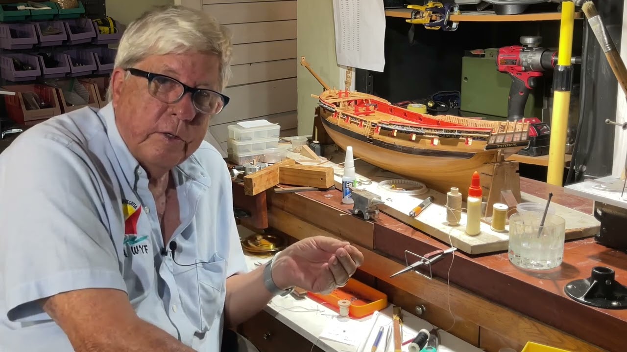 Video 129. HMS Thorn. Foredeck beams 5-7. Installing the galley stove., cannons, gun tackle