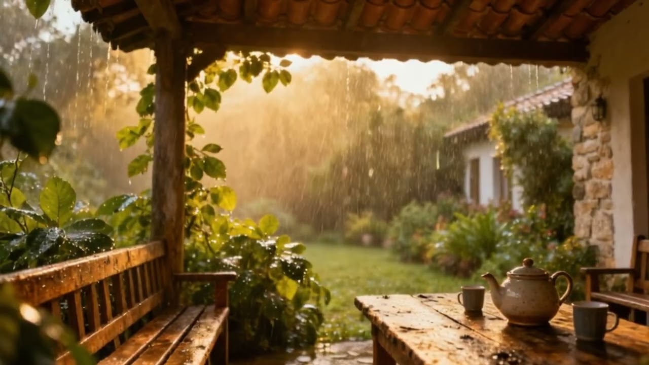 1 HOUR Heavy Rain Sounds for Sleep, Study & Relaxation Outdoor Patio Ambience with Lush Backyard