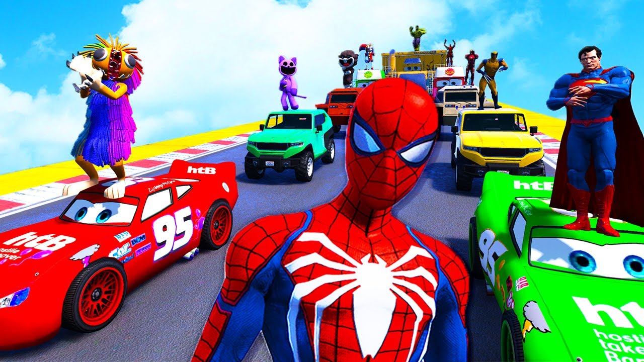 GTA V SPIDER-MAN 2 and HULK, POPPY PLAYTIME Join in the Epic New Stunt Racing with McQueen Cars