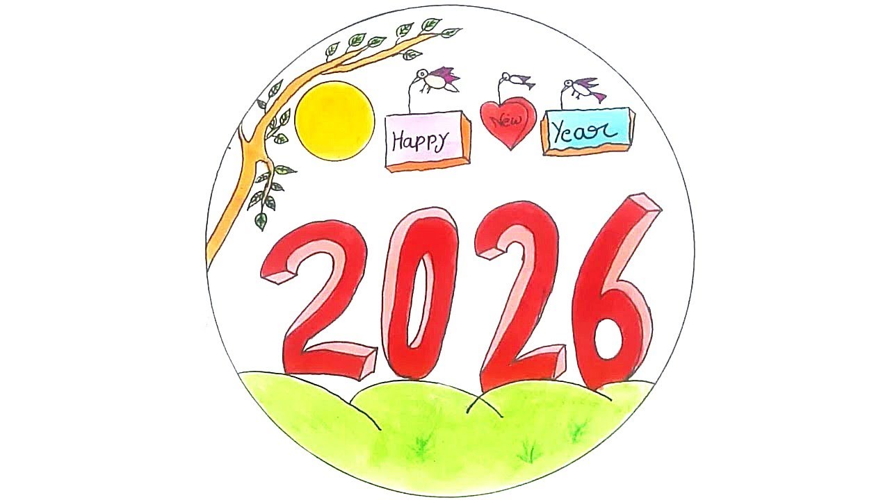 🎆 Happy New Year 2026 Drawing / New Year Scenery Drawing / 2026 Drawing Easy
