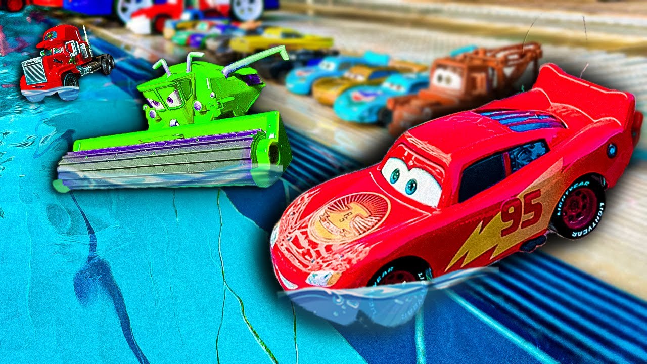 Disney Pixar Cars fall into the water: Lightning McQueen, Chick Hicks, Mack Trucks, Dinoco, Mater