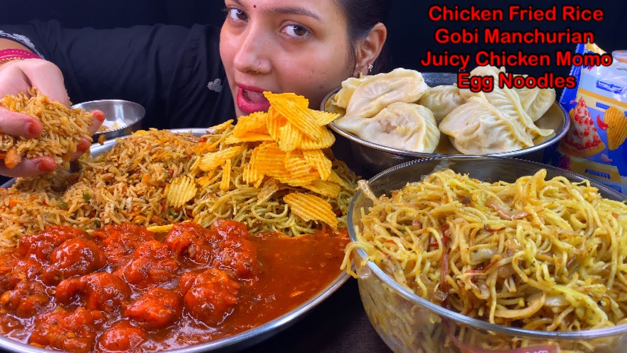 Eating Spicy🔥 Chicken Egg Fried Rice, Egg Noodles, Gobi Manchurian, Chicken Momo | Chinese Food Asmr