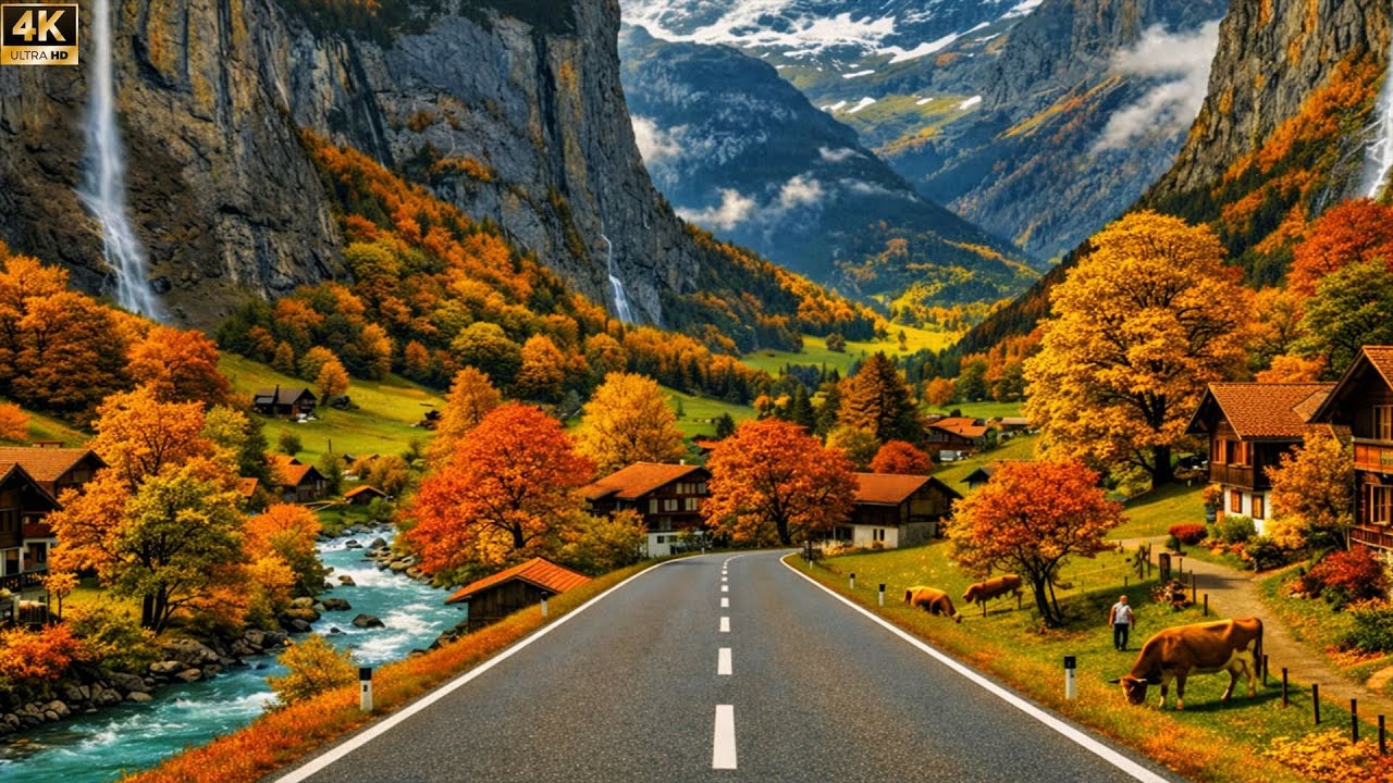 🍁 Autumn Scenic Drive Along Lake Brienz in 4K | Golden Alpine Road Through the Swiss Alps 🇨🇭