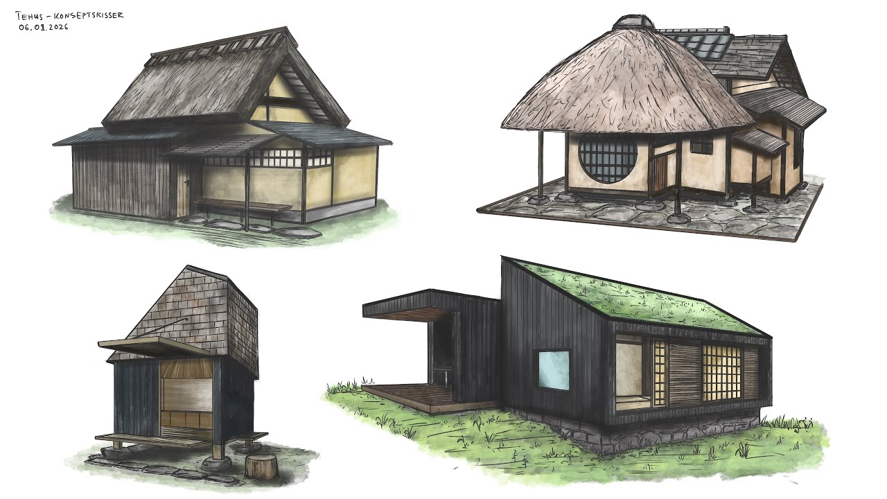 Tea houses - sketching in Procreate