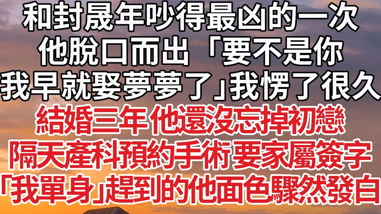 【完結】和封晟年吵得最凶的一次，他脫口而出「要不是你，我早就娶夢夢了」我愣了很久，結婚三年 他還沒忘掉初戀，隔天產科預約手術 要家屬簽字，「我單身」趕到的他面色驟然發白 #婚姻 #情感 #豪门