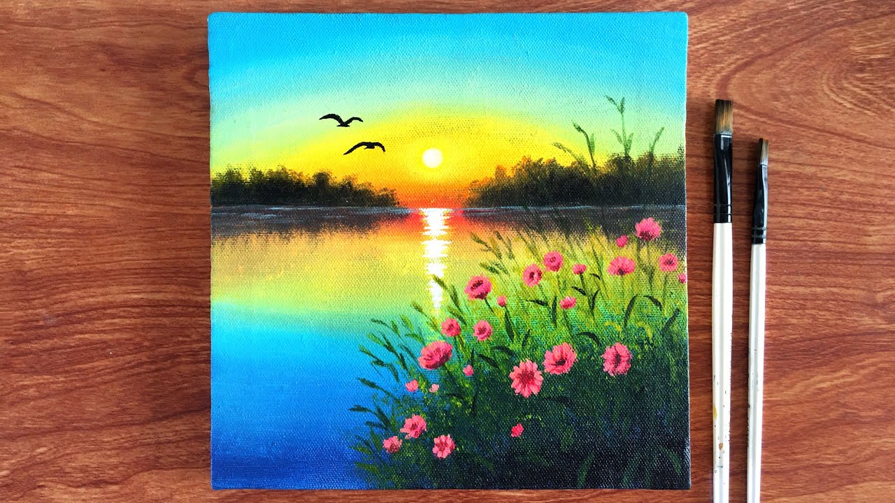 Evening Sunset Scene Landscape Painting on Canvas | Acrylic Painting for beginners | Canvas Painting