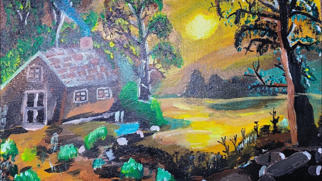 How to Paint a Sunny Jungle Hut Near a River | Acrylic Painting