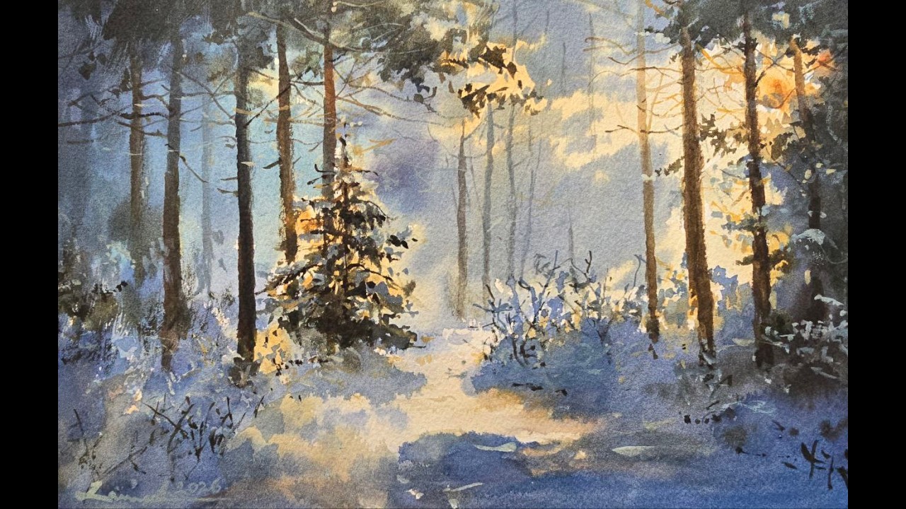 How to paint winter sunlight in a snowy forest | Watercolor tutorial