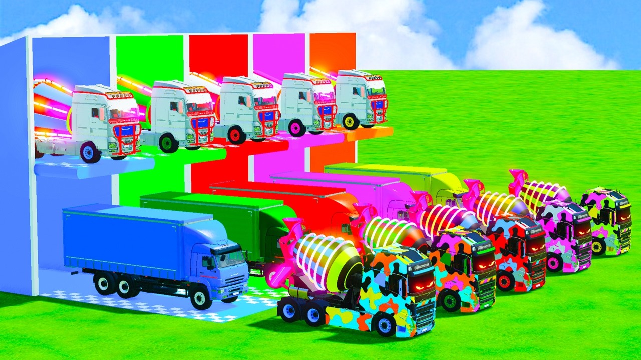 Garage with Colors - ALL MIXER TRUCK WITH DOUBLE FLATBED TRAILER TRUCK, KAMAZ, VOLVO, IVECO - FS22