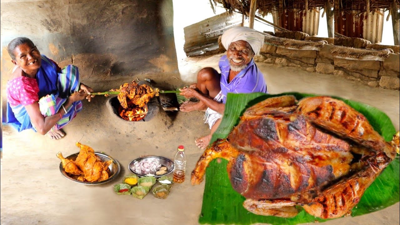 FULL GRILLED CHICKEN ROAST cooking & eating by a santali tribe couple || Indian rural village
