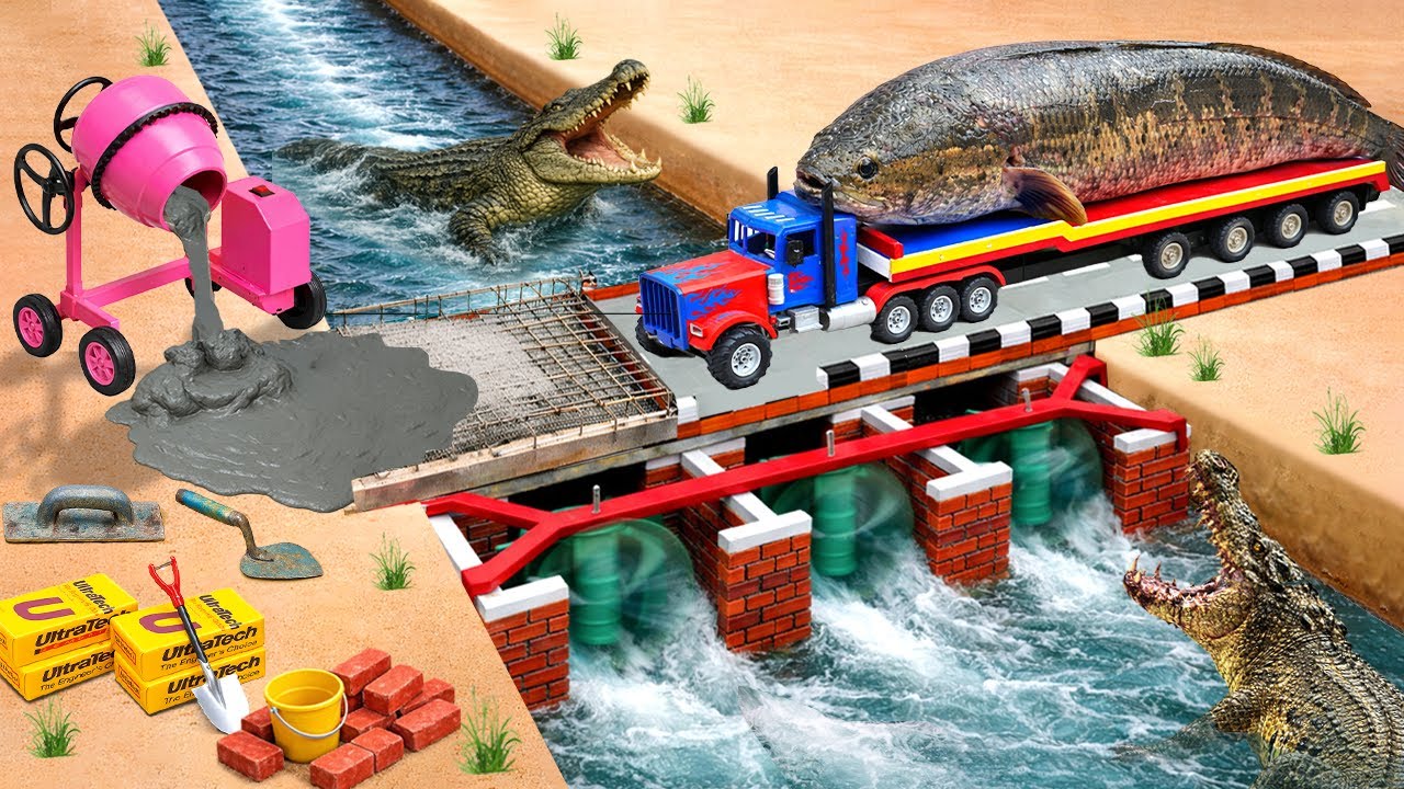 DIY Mini Tractor Builds a Strong Brick Bridge with 3 Modern Water Gates | Science Project