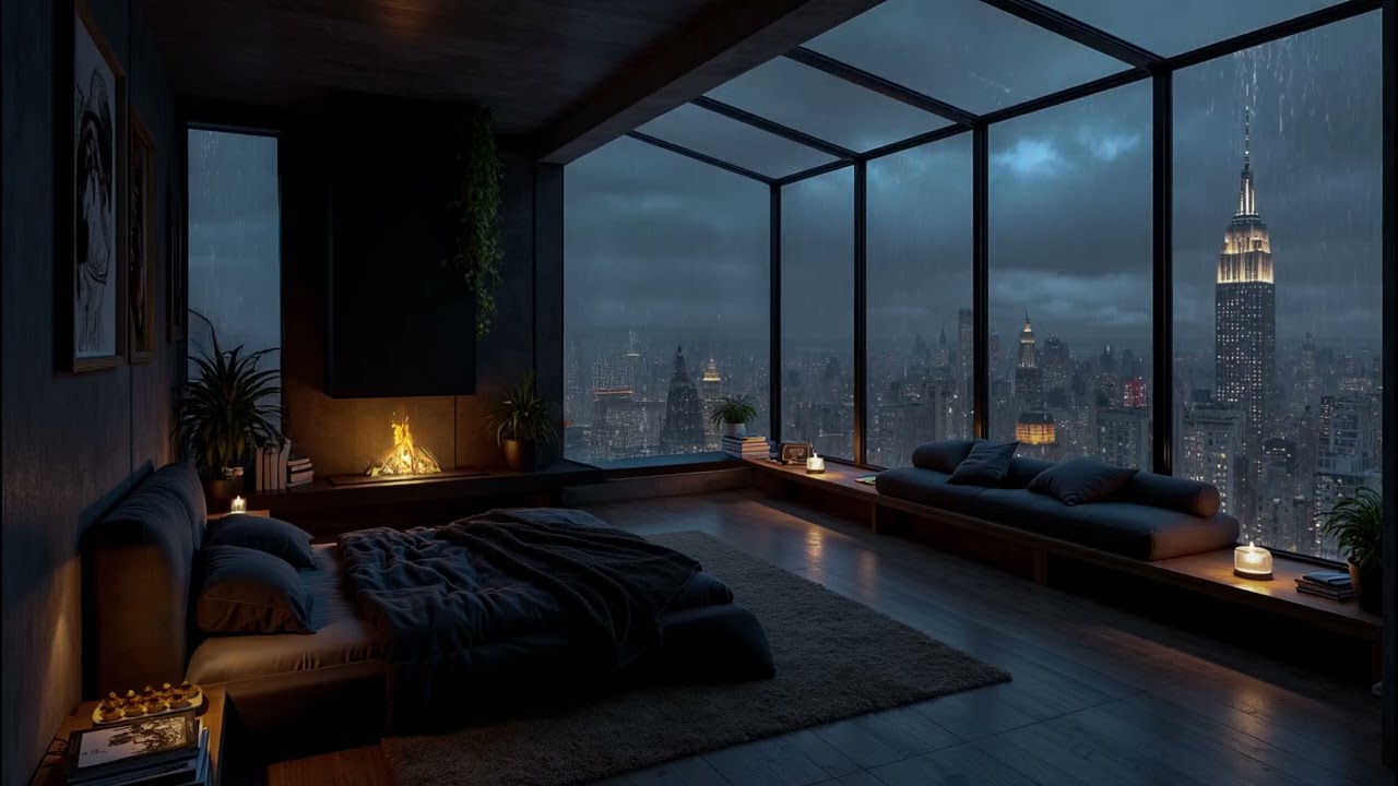 New York Rain on Window 🌧️Gentle Rain Sounds & Fireplace Crackling, Cozy Night Ambience for Sleep