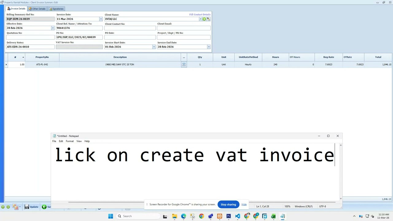 QuickDice ERP Equipment Invoice Creation