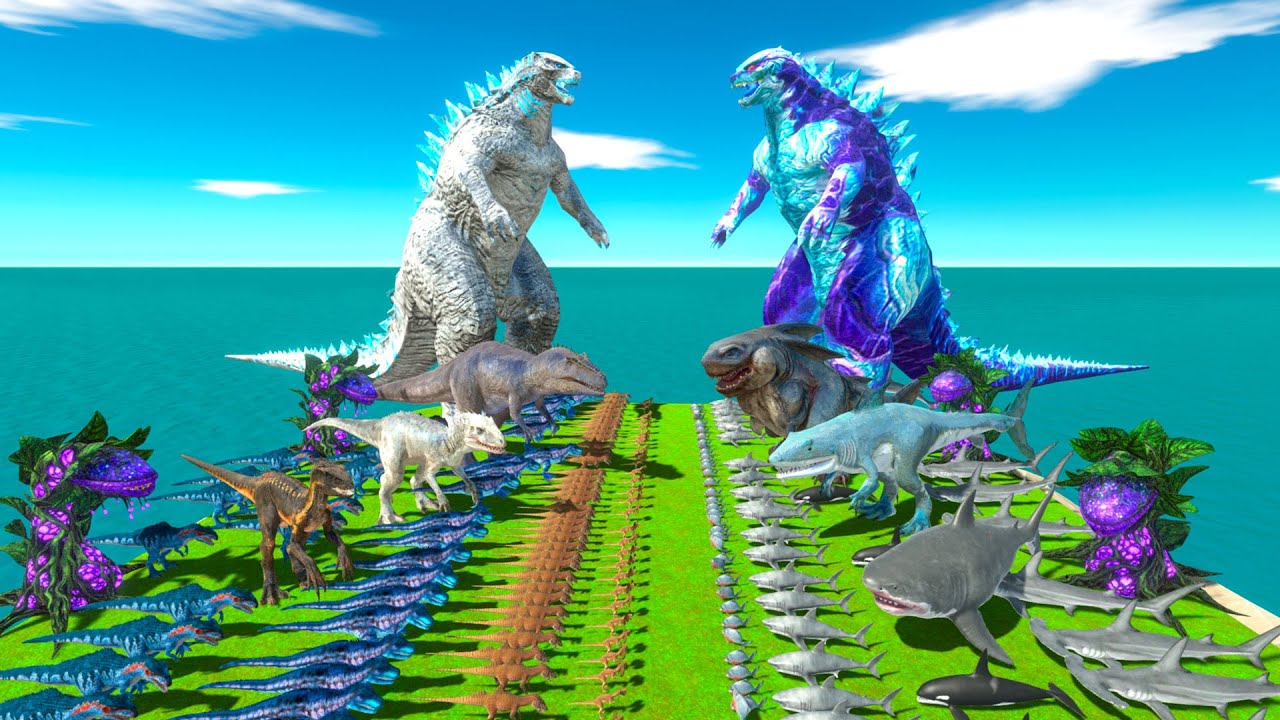 Dinosaurs revolt battle with SHIMO GODZILLA 2014 Ice Frostbite + Giganotosaurus VS Team Sharkzilla