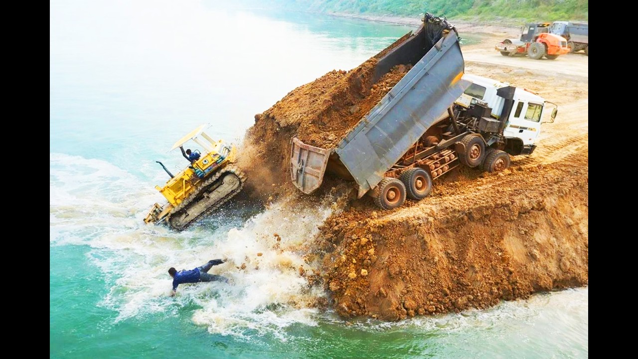 Incredible Deep Trench Landfill Build Foundation Road& Bridge Use KOMATSU Dozer &12 Whell Dump TRUCK