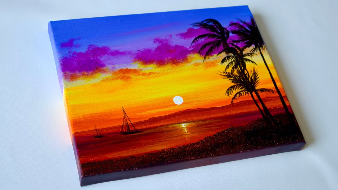 Sunset painting | Sunset Beach Landscape Painting | Beach Acrylic Painting