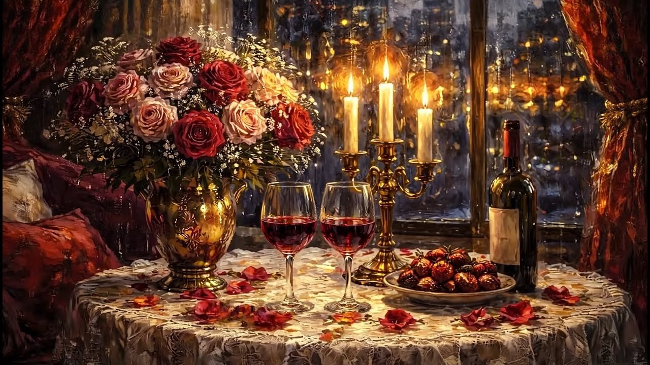 Valentine's Day Romantic Evening with Roses & Wine 🌹 | Cozy Candlelit Vintage Art in 4K