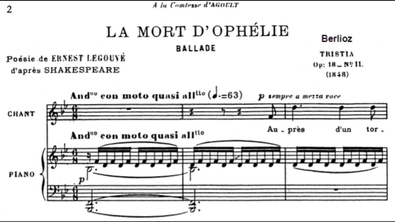 La mort d'Ophélie BERLIOZ (piano accompaniment with score karaoke) soprano poésie après SHAKESPEARE