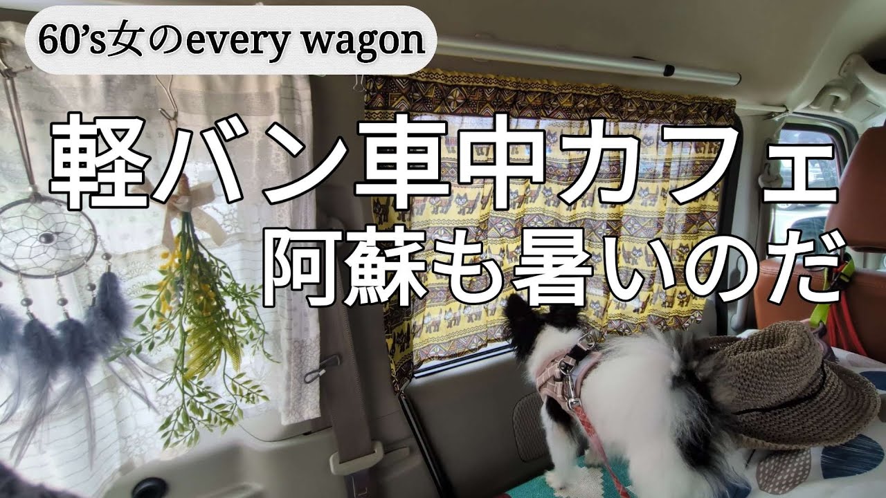 【60s女のエブリィワゴン】軽バン車中カフェ阿蘇編#エブリィワゴン#車中泊仕様 #車中カフェ#犬連れ道の駅#赤牛#道の駅あそ望の郷くぎの#阿蘇道の駅