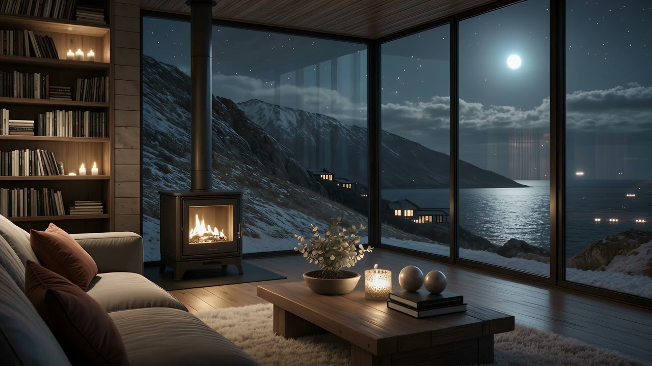 Coastal Mountain Cabin Fireplace Ambience 🔥  | Cozy Nighttime Fire Sounds and Views for Relaxation
