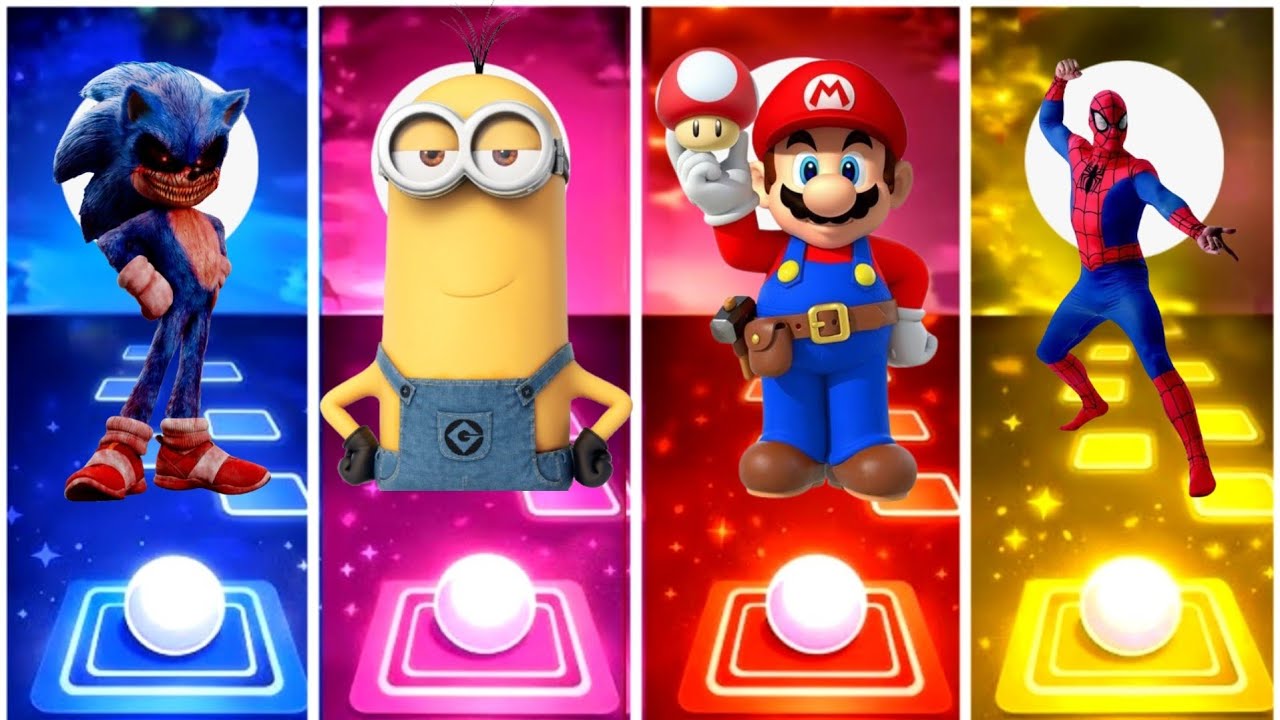 Sonic Hedgehog vs Minions vs Mario vs Spider Man.Tiles hope edm rush game. 