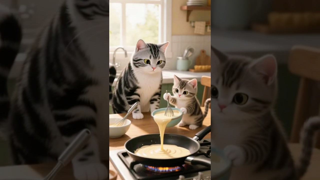 Father Cat & Kitten Make Pancakes 🥞🐾 | Cute Cat Family Moments