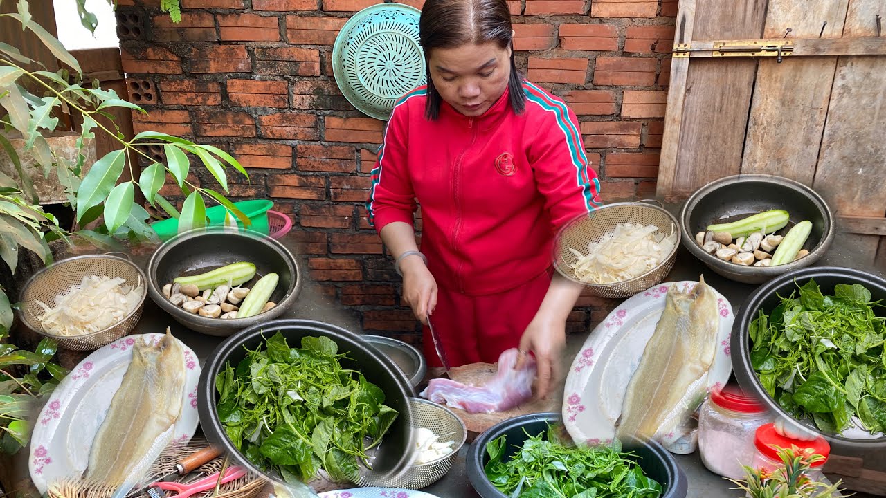 ព្រឹកនេះប្រពន្ធខ្ញុំទិញបន្លែស្លរប្រហើរត្រពាំង​ , khmer cooking