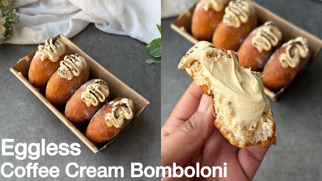 Eggless Coffee Cream Bomboloni | Eggless Bomboloni Recipe | Eggless Filled Donuts | Eggless Donuts