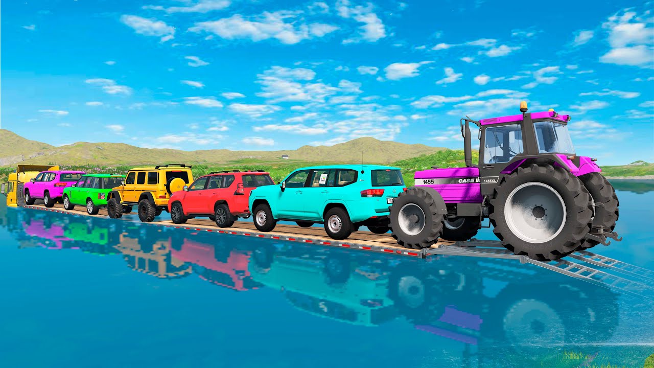Triple Flatbed Trailer McQueen Transportation with Truck - Speedbumps vs Cars vs Train - BeamNG #4