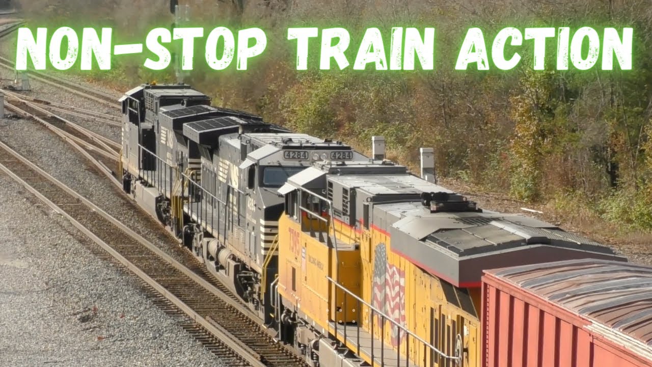 Local train action at the Lafayette junction 2 mile long train